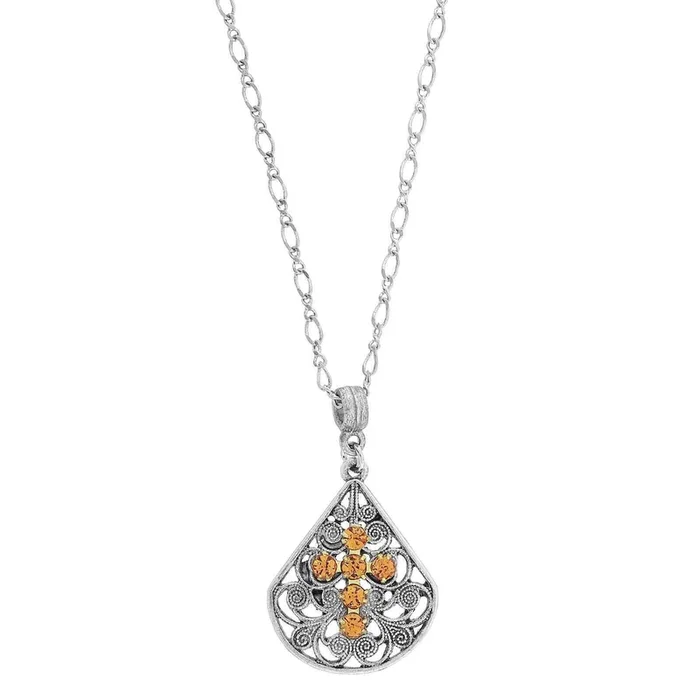 1928 Spiritual Crystal Cross Fan Filigree Teardrop Pendant Necklace 16″ + 3″ Extender