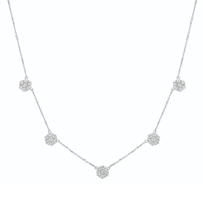 1ctw Diamond Flower Cluster 5-Station 14K White Gold Necklace