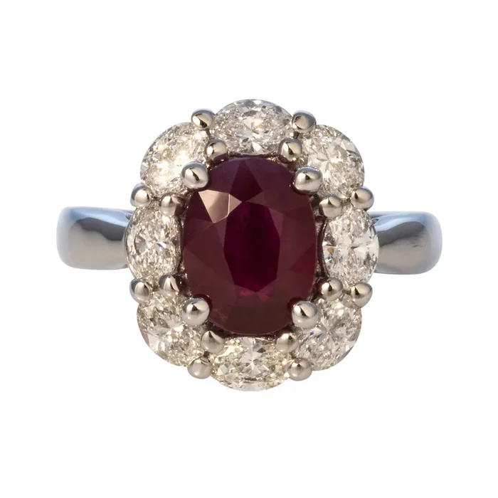 2.25ct Oval Ruby & 1ct Diamond Cluster 18K White Gold Ring