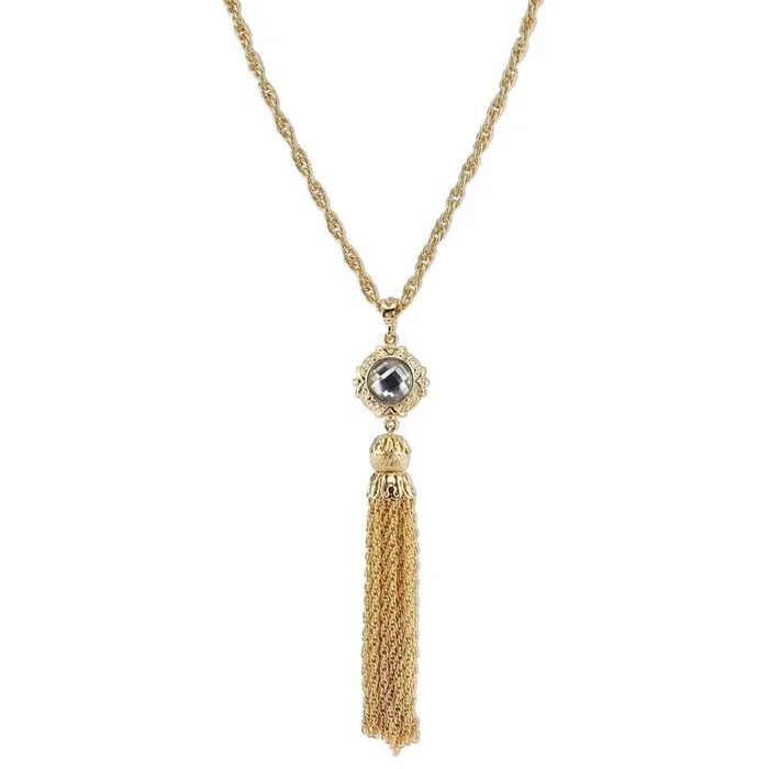 2028 Jewelry Round Crystal Gold Tassel Necklace 28″