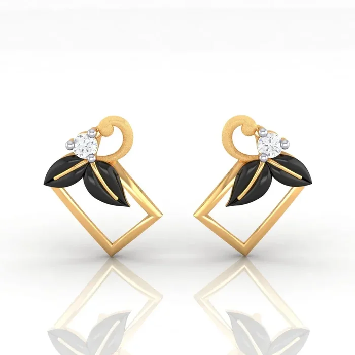 22k (916) Gold Earrings Square Floral Studs With Black Meena And Embedded Stones