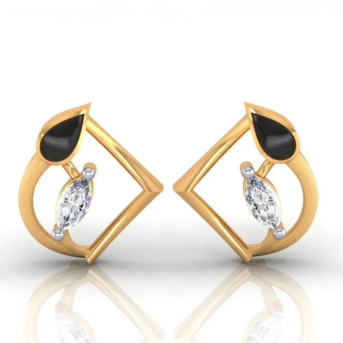 22k (916) Gold Earrings Teardrop Geometric Studs With Black Meena And Embedded Stones