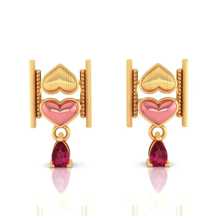 22k (916) Gold Earrings With Stacked Hearts Design And Stone Dangles