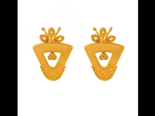 22k Inverted Triangle Shape Gold Stud Earrings With Leafy Details