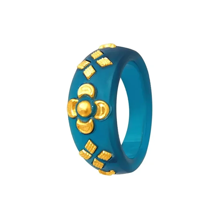 22KT (916) Yellow Gold Blue Pola Ring With Floral Embellishments For Women & Girls (Size 12)