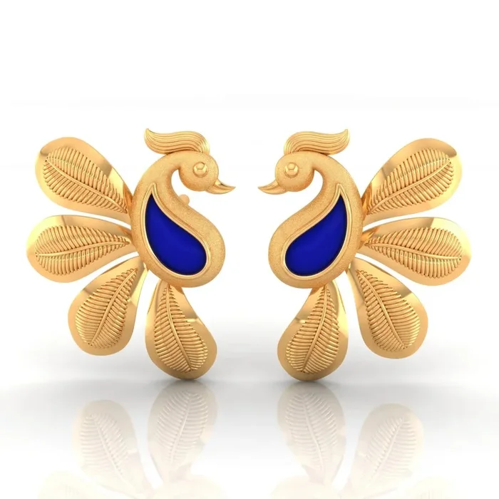 22KT (916) Yellow Gold Peacock Stud Earrings With Blue Enamel