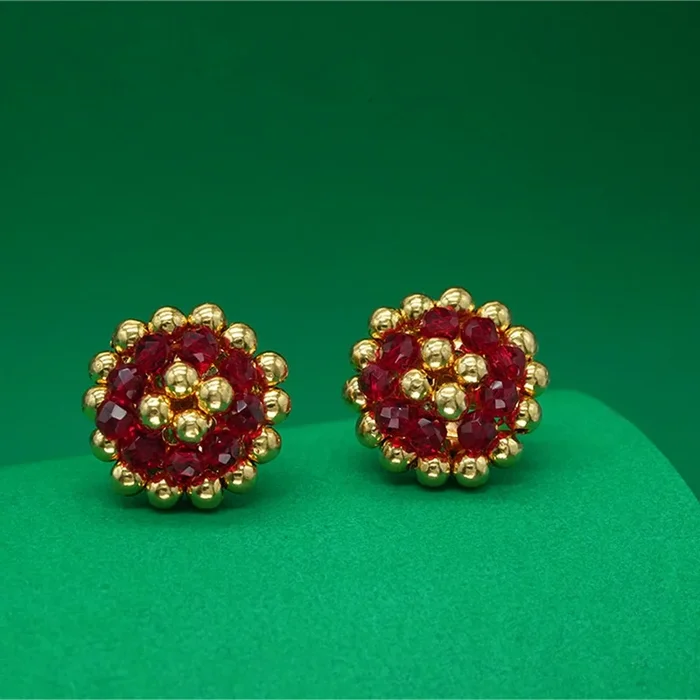 22KT (916) Yellow Gold Pink Bead Traditional Thushi Stud Earrings