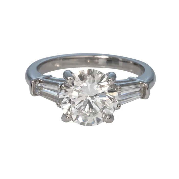 2ct Center Round & .43ctw Side Baguette Diamond Three-Stone Platinum Ring