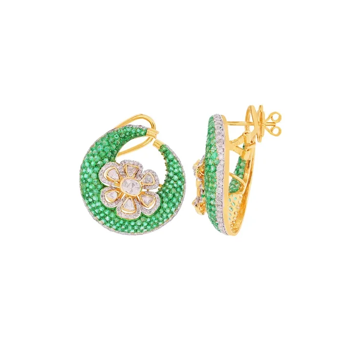3.65CTW Rose Cut Diamond Chandbali With Emerald in 14K Gold