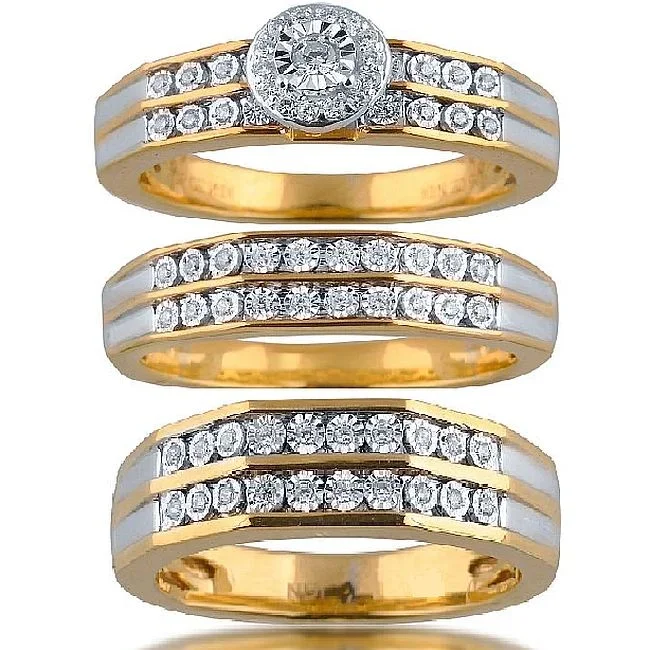 3/8 CTW Natural Diamond Halo Wedding Trio Set in 10KT White and Yellow Gold