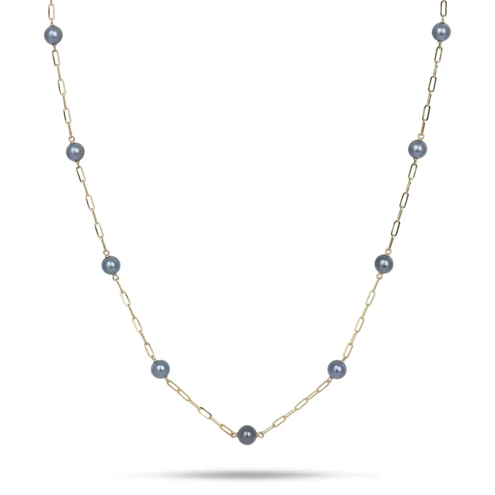 34-35″ Adjustable Tahitian Black Pearl Paperclip Chain Necklace in Gold – 10-11mm