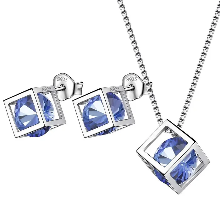 3D Cube Birthstone December Tanzanite Jewelry Set 3PCS Women Girls Birthday Gift
