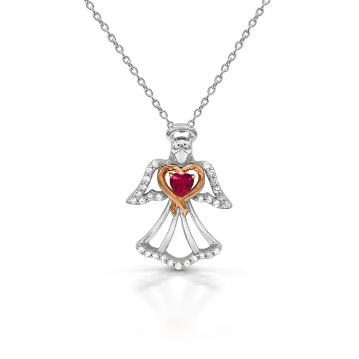 4MM Heart Shape Ruby and White Sapphire Gem Stone Angel Heart Eternal Romance 18-inch Pendant in Sterling Silver