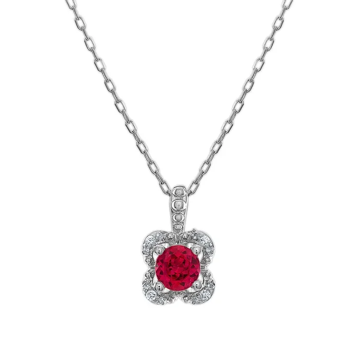 5MM Round Ruby and White Sapphire Birthstone Flower Halo Pendant in Sterling Silver