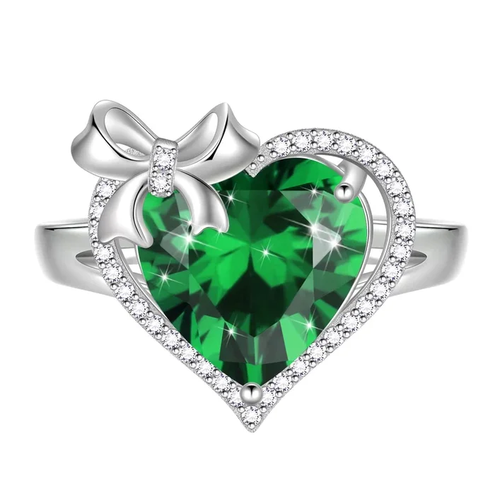 6Ct Heart Women Ring Bow Kont Ribbon 925 Sterling Silver May Birthstone Emerald Ring Green Solitaire Jewelry Valentines Mothers Day Gift for Mom Grandma