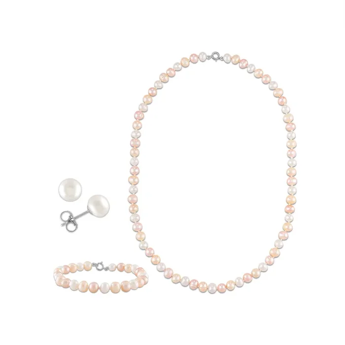 6MM Pearl 18-inch Necklace Bracelet Earrings Set in Rhodium Plated Sterling Silver