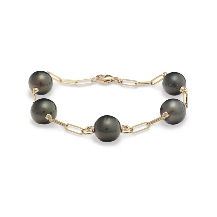 7.5-8″ Tahitian Black Pearl Paperclip Chain Bracelet in Gold – 9-10mm
