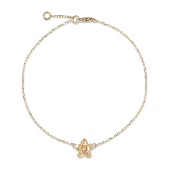 7-7.5″ Adjustable Plumeria Bracelet in Gold with Diamond – 9mm