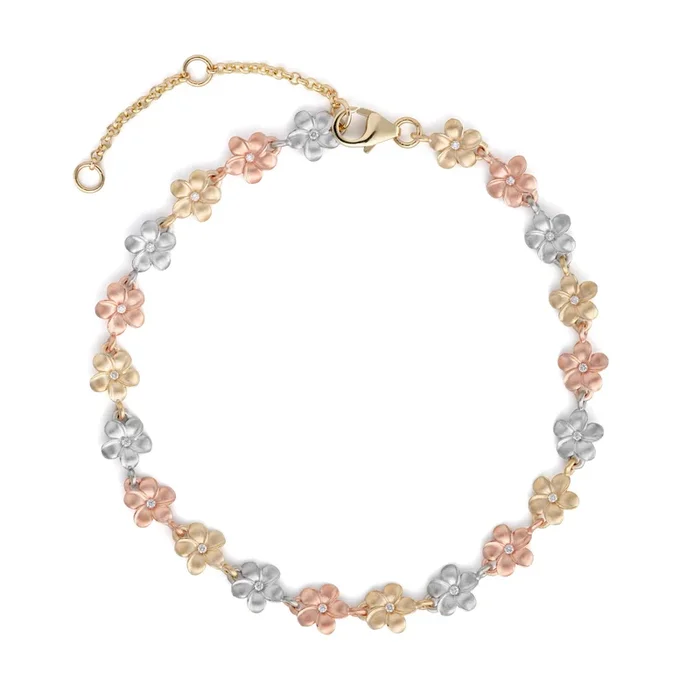 7-8.5″ Adjustable Plumeria Bracelet in Tri Color Gold with Diamonds – 6mm