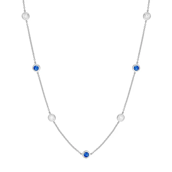 .75ctw Sapphire & Diamond Bezel Station 14K White Gold Necklace