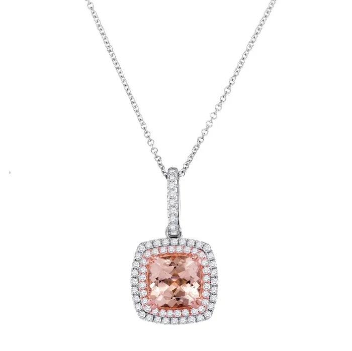 7MM Cushion Morganite and Diamond Halo 18-inch Pendant in 14KT White and Rose Gold