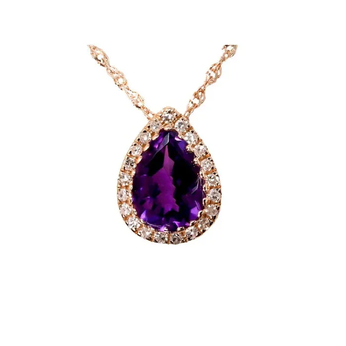 7X5MM Pear Amethyst and Diamond Halo 18-inch Pendant in 14KT Rose Gold