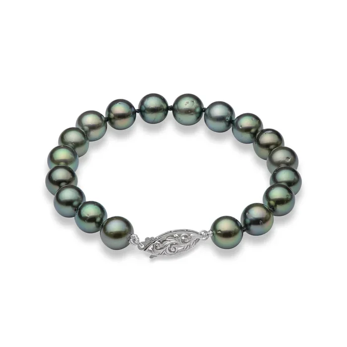 8″ Tahitian Black Pearl Bracelet in White Gold – 9-10mm