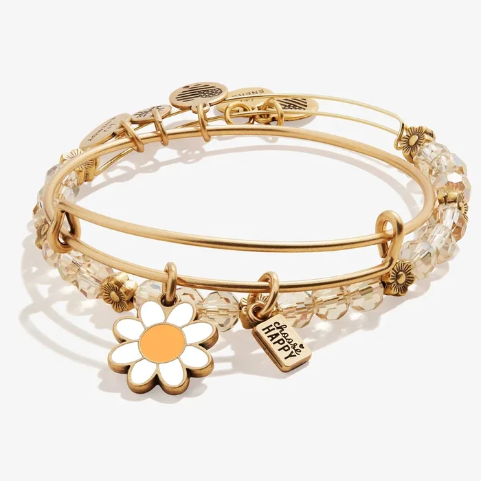 ‘Choose Happy’ Daisy Charm Bangles, Set of 2