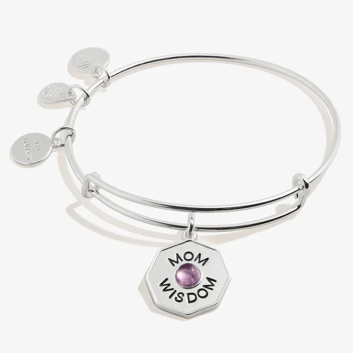 ‘Mom, Wisdom’ Amethyst Charm Bangle Bracelet