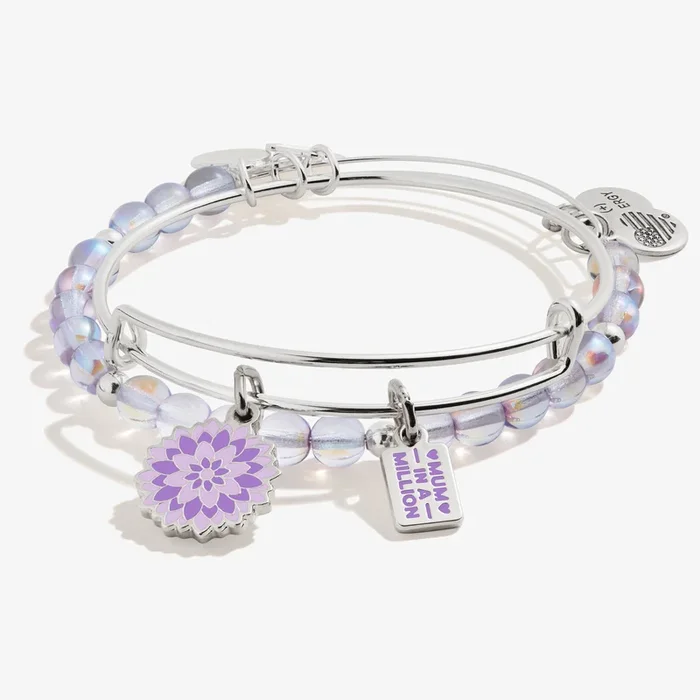 ‘Mum in a Million’ Purple Flower Duo Charm Bangle, Set of 2