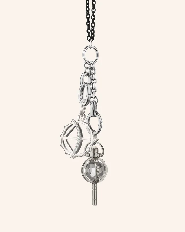 “Carpe Diem” Mini Key and “Strength” Mini Apollo Sterling Silver and Black Steel Charm Necklace