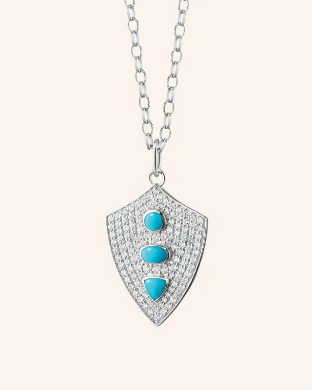 “Fearless” Shield Necklace with Turquoise and White Sapphires