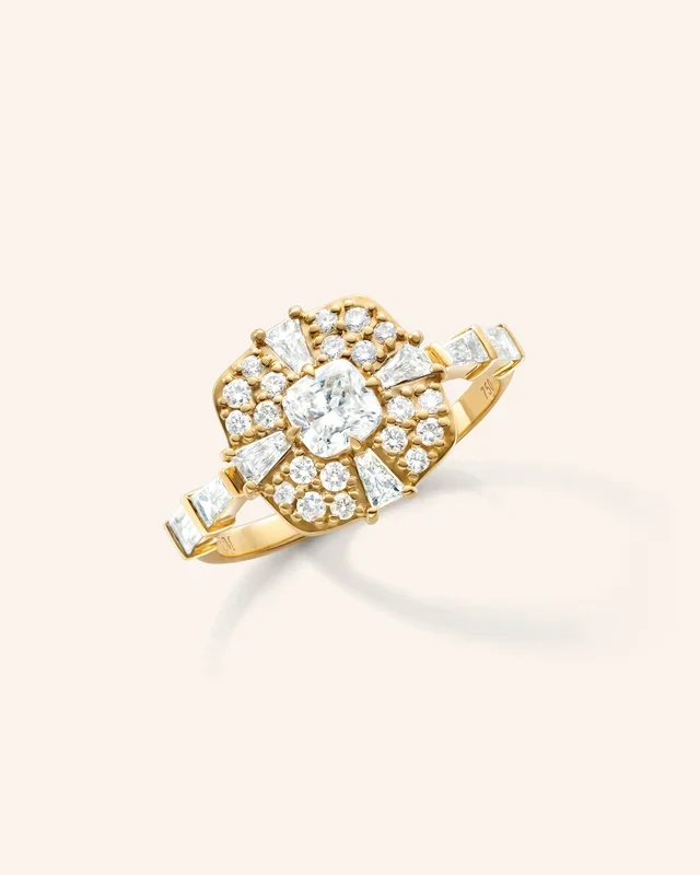 “Points North” Diamond Ring with Cushion, Baguette and Round Diamonds