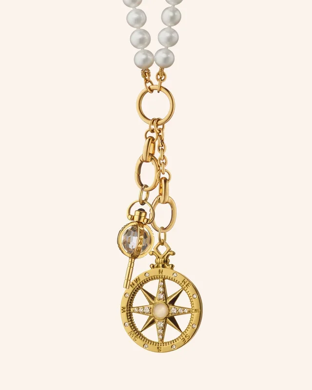 “Travel” Compass and Mini “Carpe Diem” Key Pearl Charm Necklace