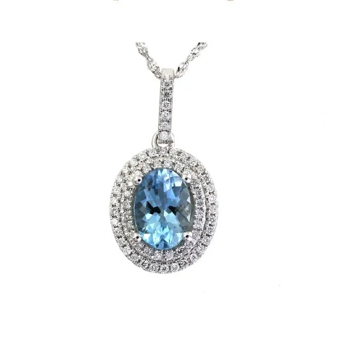 8X5MM Oval Aquamarine and Diamond Gem Stone Halo 18-inch Pendant in 14KT White Gold