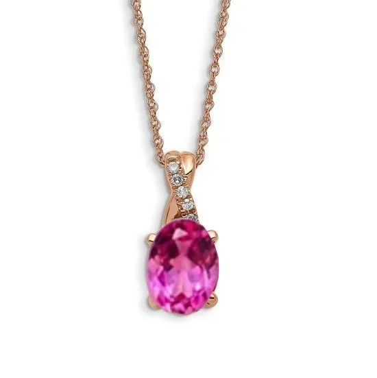 8X6MM Oval Pink Sapphire and Diamond Birthstone 18-inch Pendant in 10KT Rose Gold