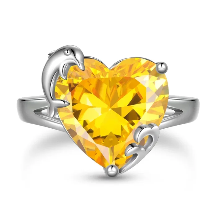 9-Karat-Herzring für Damen aus 925er Sterlingsilber mit Delfinmotiv, Geburtsstein Citrin (November), Solitärring, Schmuckstück, Weihnachts- und Erntedankfestgeschenk für Mutter