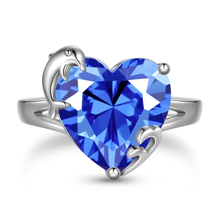 9-Karat-Herzring für Damen aus 925er Sterlingsilber mit Delfinmotiv, Geburtsstein Dezember, Tansanit, blauer Solitärring, Schmuck, Geschenk für Mama zu Weihnachten oder zum Geburtstag