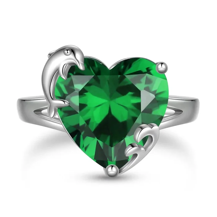 9-Karat-Herzring für Damen aus 925er Sterlingsilber mit Delfinmotiv, Geburtsstein Mai, smaragdgrüner Solitärring – Schmuckstück, Geschenk zum Geburtstag oder Muttertag