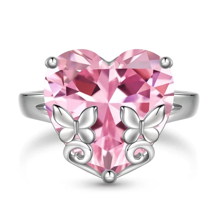 9-Karat-Herzring für Damen aus 925er Sterlingsilber mit Schmetterling, Geburtsstein Oktober, Turmalin, rosa Solitärring, Schmuck, Geschenkidee zum Muttertag, Geburtstag oder Valentinstag