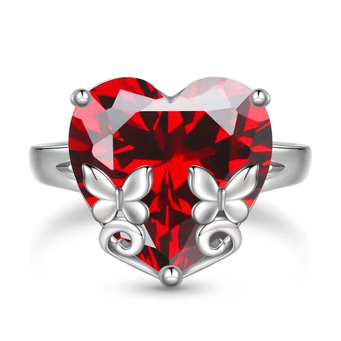 9-Karat-Herzring für Damen aus 925er Sterlingsilber mit Schmetterlingsmotiv und rotem Granat (Geburtsstein Januar) – Solitärring, Schmuck, Geschenk zum Muttertag, Valentinstag oder Geburtstag