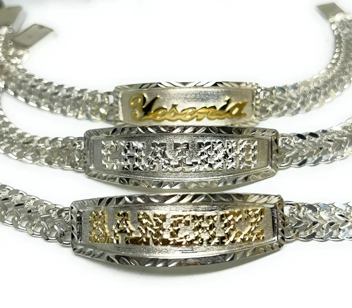 .925 Silver PETATILLO LINK SUPERIMPOSED (SOBREPUESTO) CUSTOMIZED 3D NAME BRRACELET 7-8 INCH
