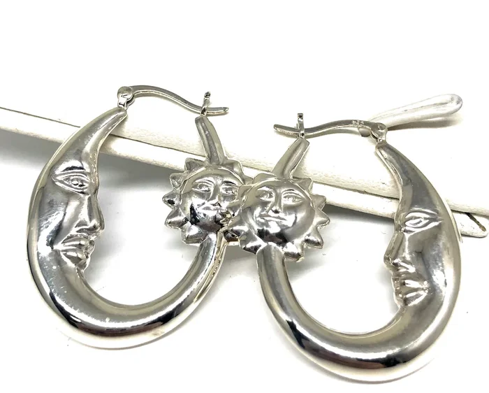 .925 Silver ? Sun and Moon?Hoop Earrings Arracadas