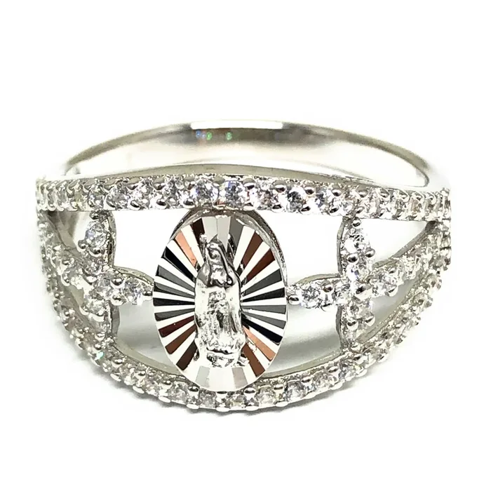 .925 Silver Viirgin Mary Virrgen Guadalupe Cubic Zirconia Cross Ring
