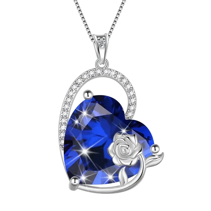 925 Sterling Silver 15MM Heart Necklace Women September Birthstone Sapphire Blue Jewelry Rose Flower Pendant Mom Christmas Valentine’s Day Gift for Her