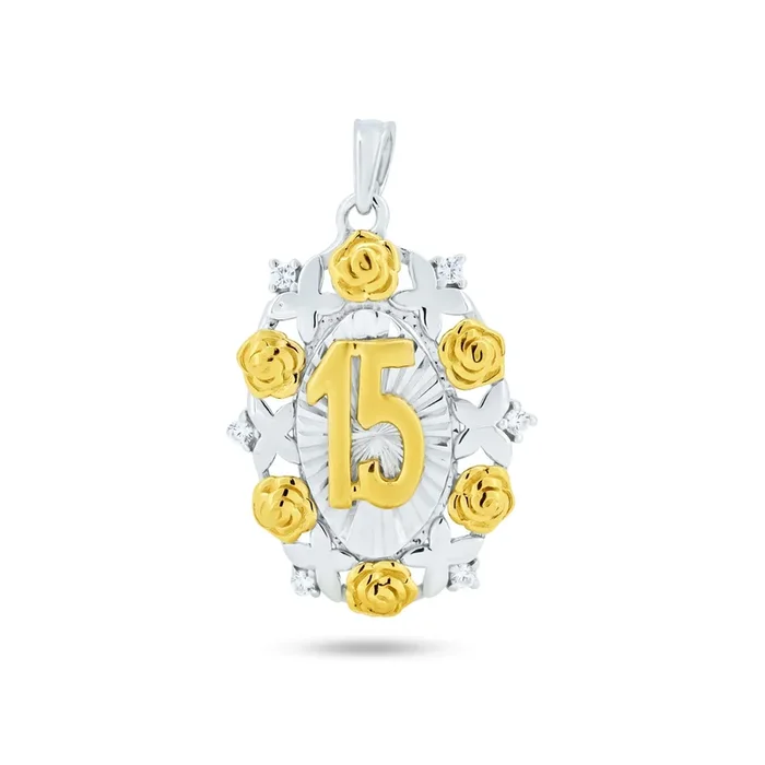 925 Sterling Silver 2 Toned Plated CZ Oval Disc Quinceanera Pendant – GMP00137RG