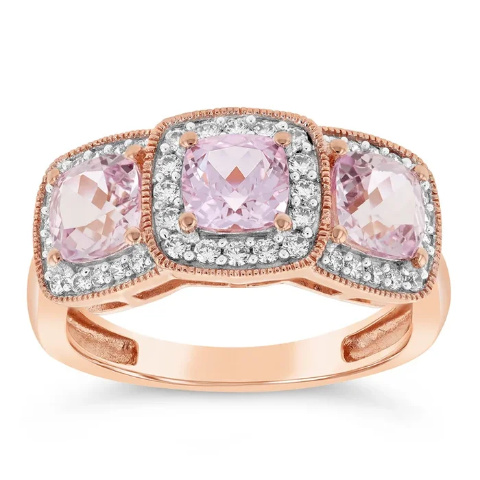 9ct Rose Gold Trilogy Cubic Zirconia And Created Morganite Ring