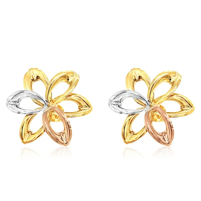 9ct Three-Tone Gold Flower Cutout Stud Earrings