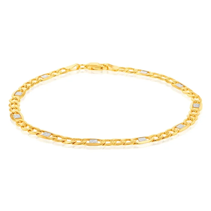 9ct White And Yellow Gold Silverfilled Figaro Curb With Greek Link 21cm Bracelet