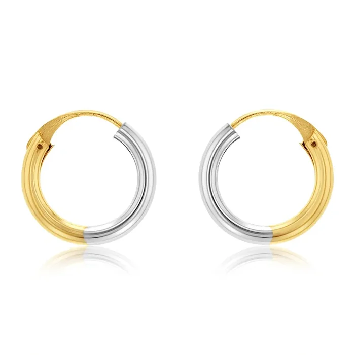 9ct White And Yellow Gold Two Tone 12mm Sleeper Earrings